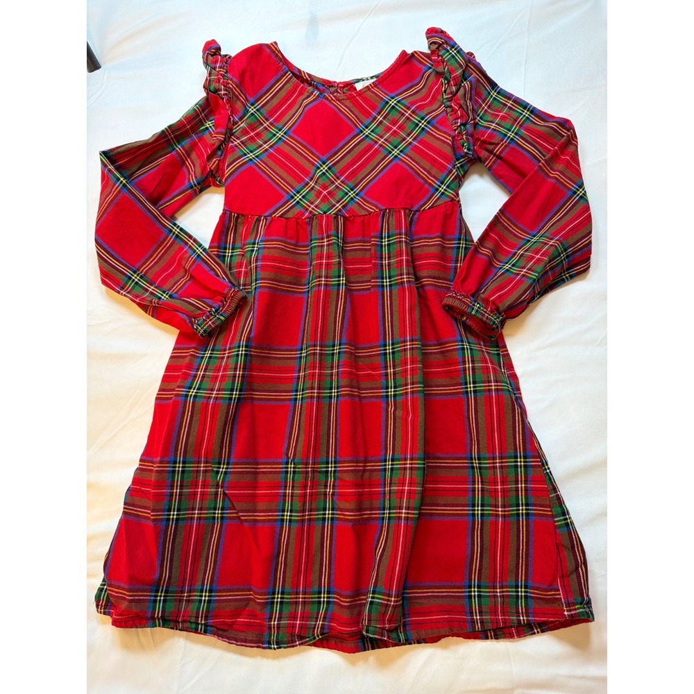 Wonder Nation Girls Red Tartan Plaid Ruffle Shoulder Long Sleeve Dress Size 6-6X